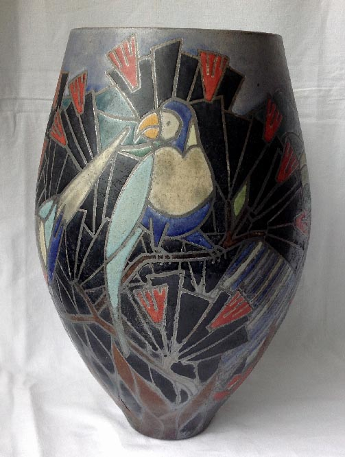 stunning studio pottery vase with makers mark featuring parrots and poppies etc